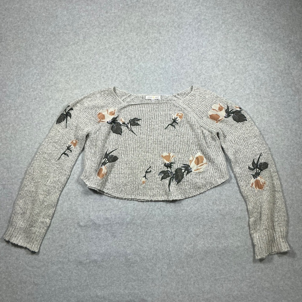 Woven Heart Womens Floral Rose Patch Cropped Sweater Grey Square Neck Small